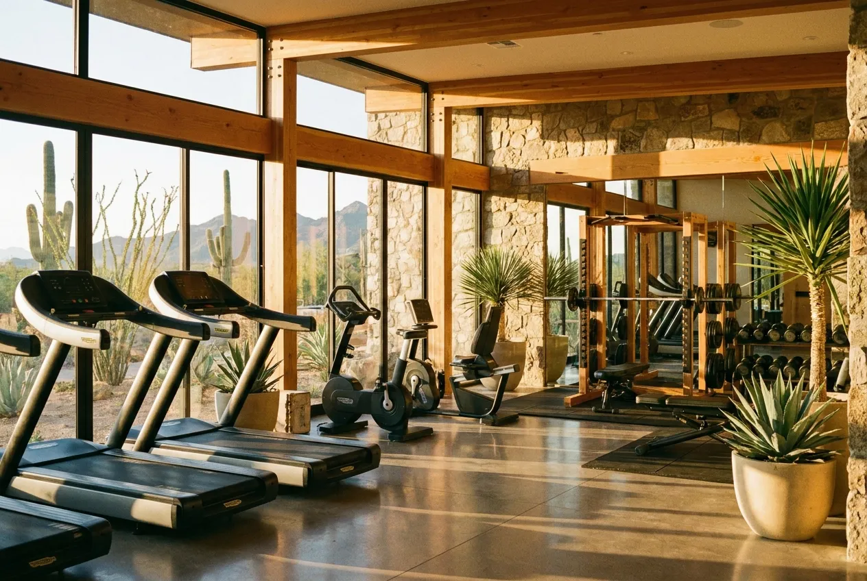 Bright modern fitness studio with floor-to-ceiling desert views at the resort