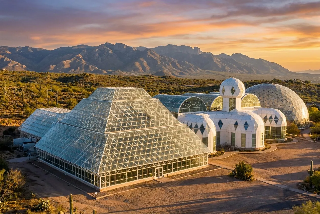 The white glass research domes of Biosphere 2 in the desert
