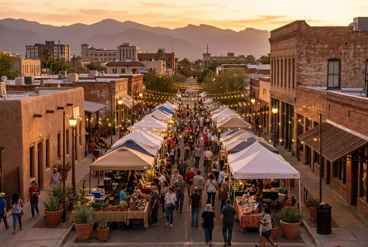 Downtown Tucson historic district and Mercado at golden hour