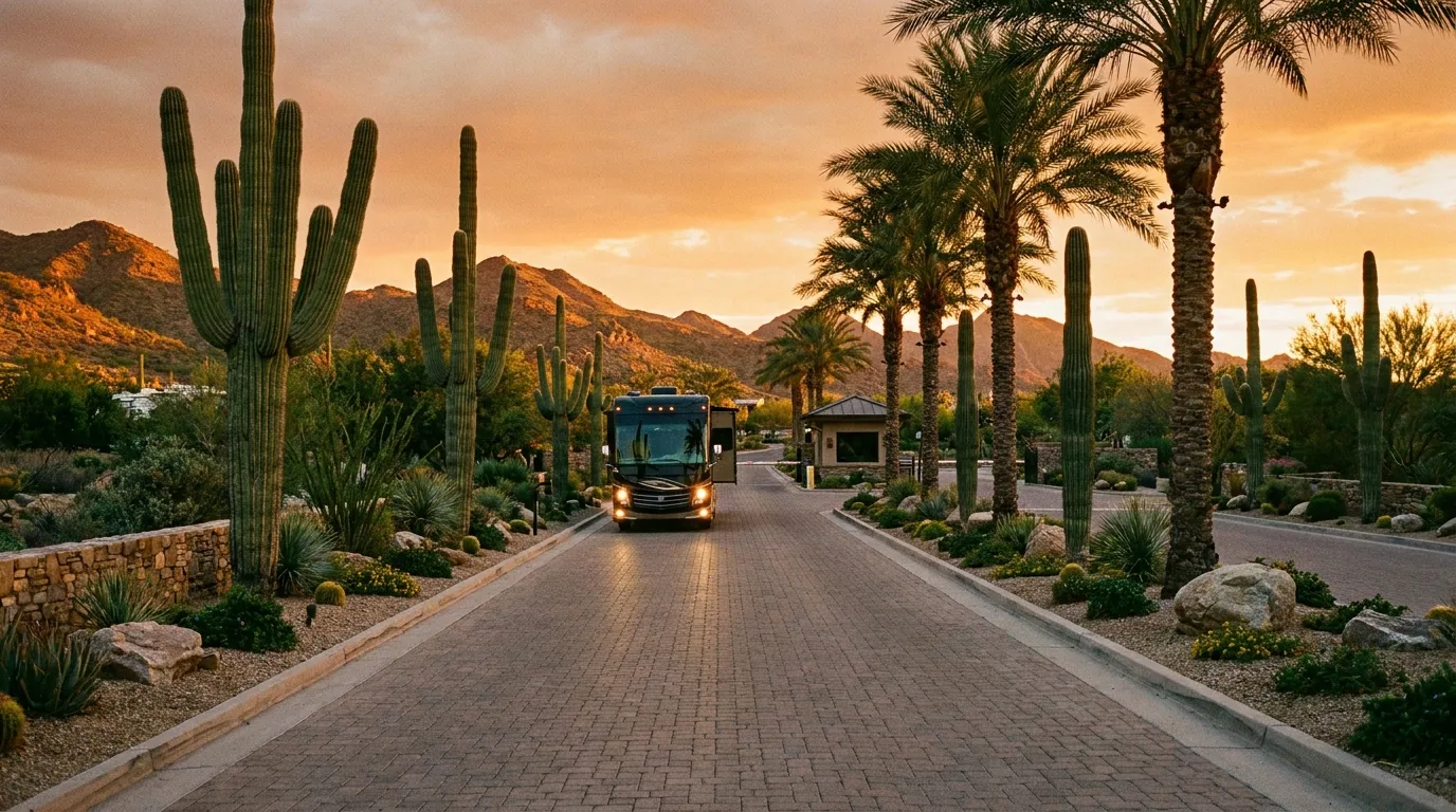 The welcoming entrance drive of the resort at golden hour