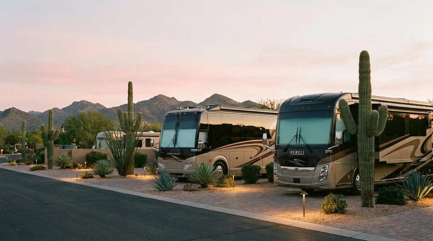 A quiet row of RV sites at the resort at dusk