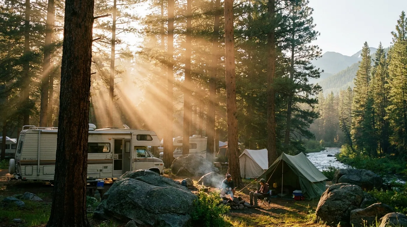 Morning light streaming through tall pines at a wooded mountain campground in Colorado
