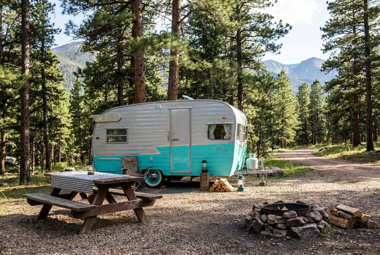 Shaded RV campsite under tall pines