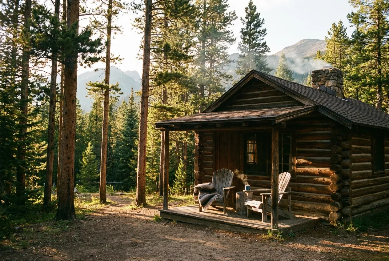 Rustic log camping cabin among the pines