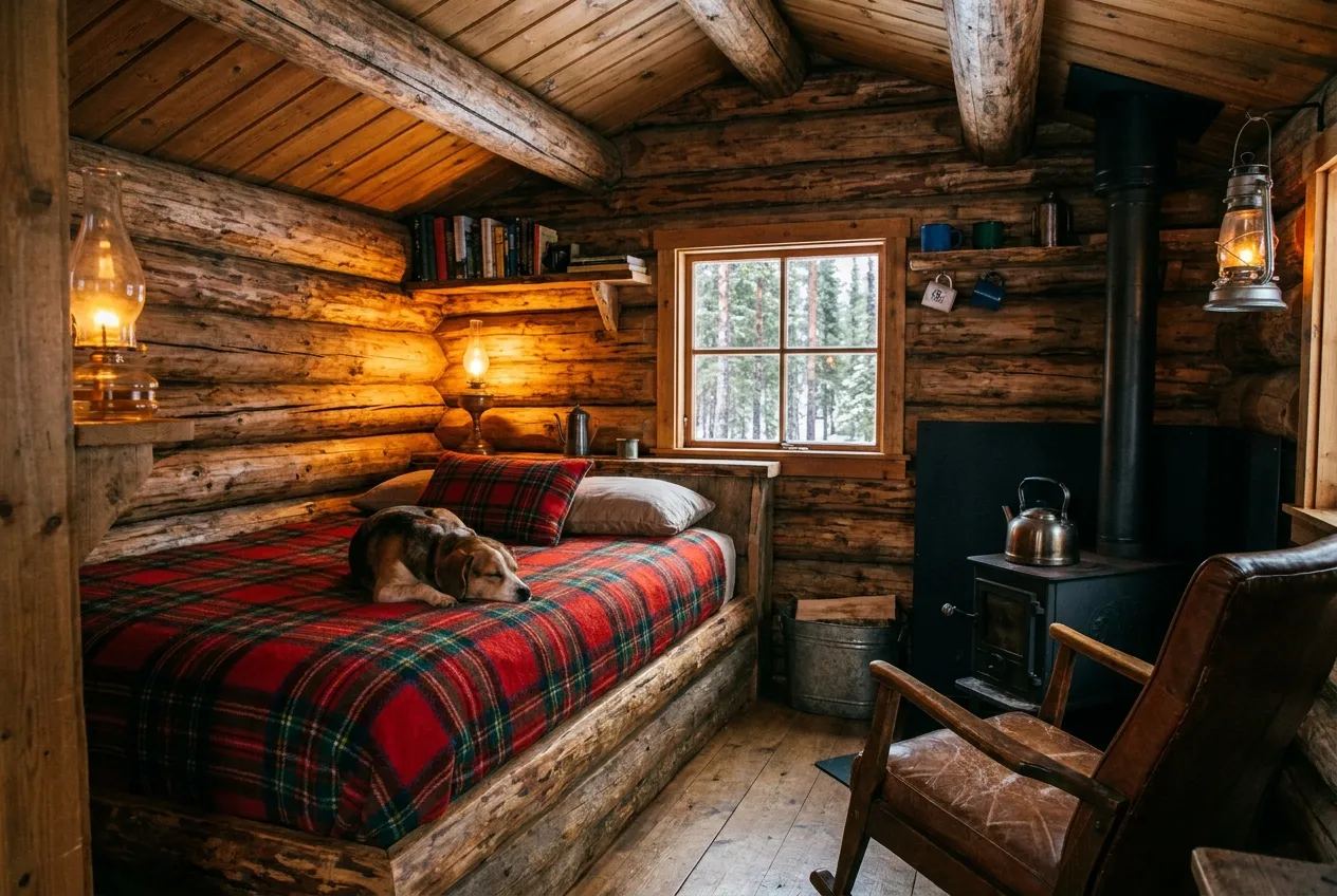 Cozy interior of a creekside cabin