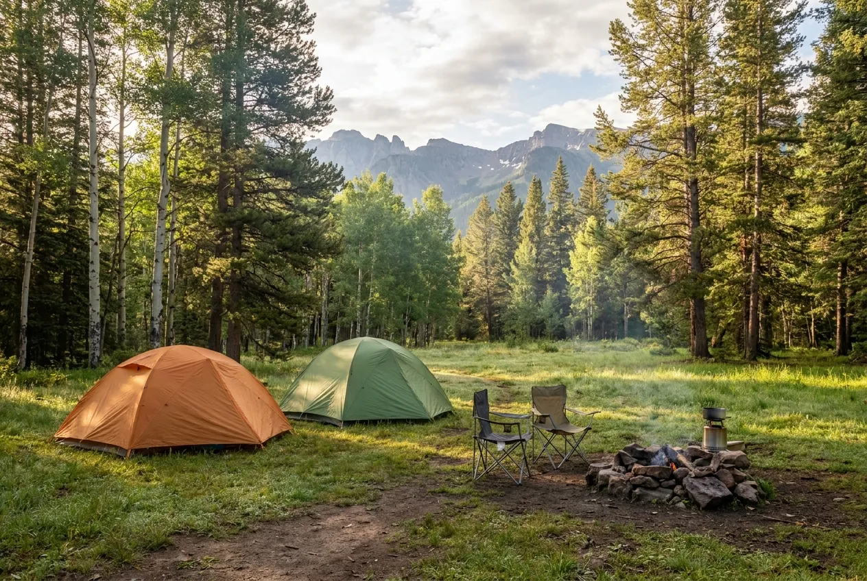 Tents pitched in a clearing ringed by pines