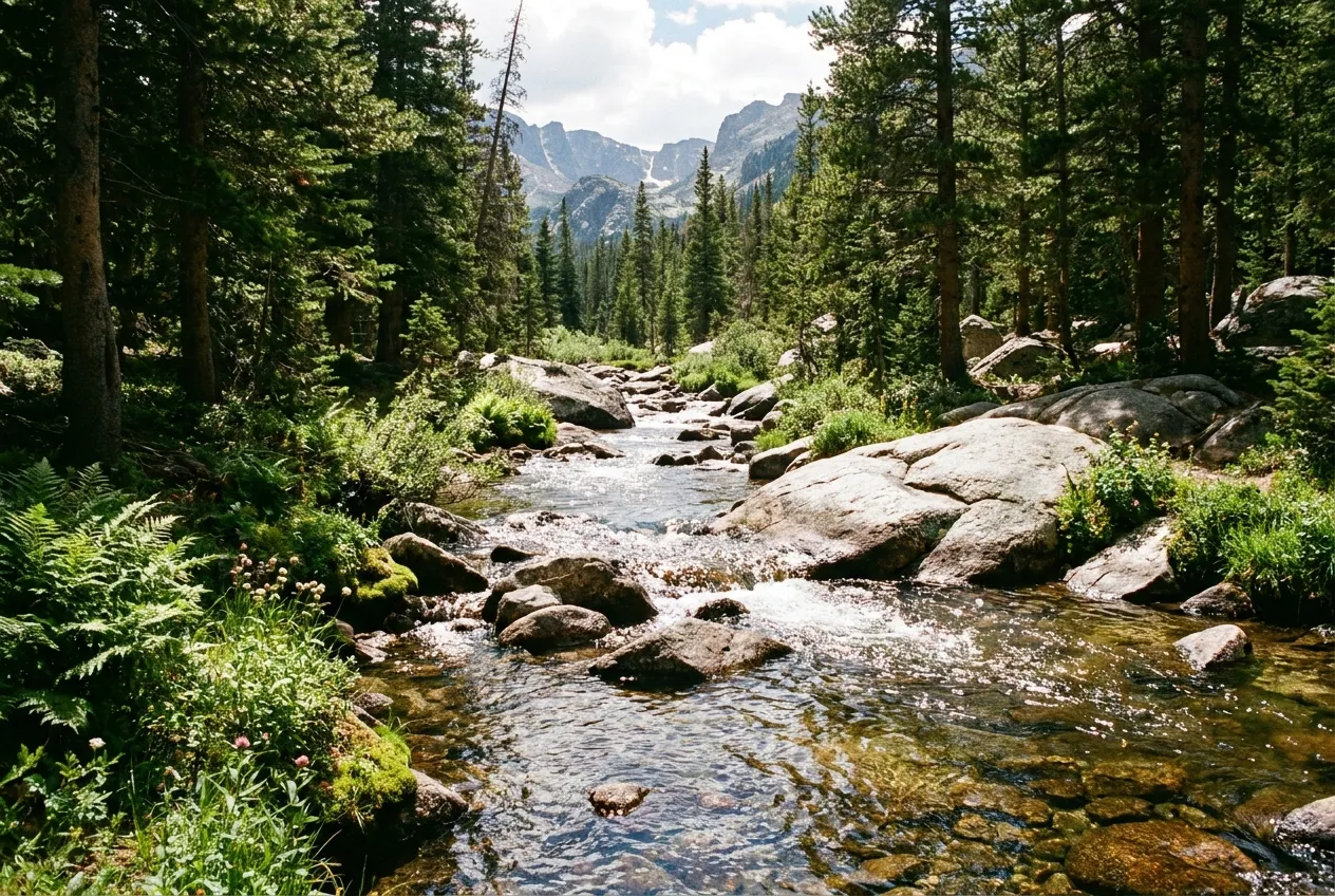 The trout creek running through the pines