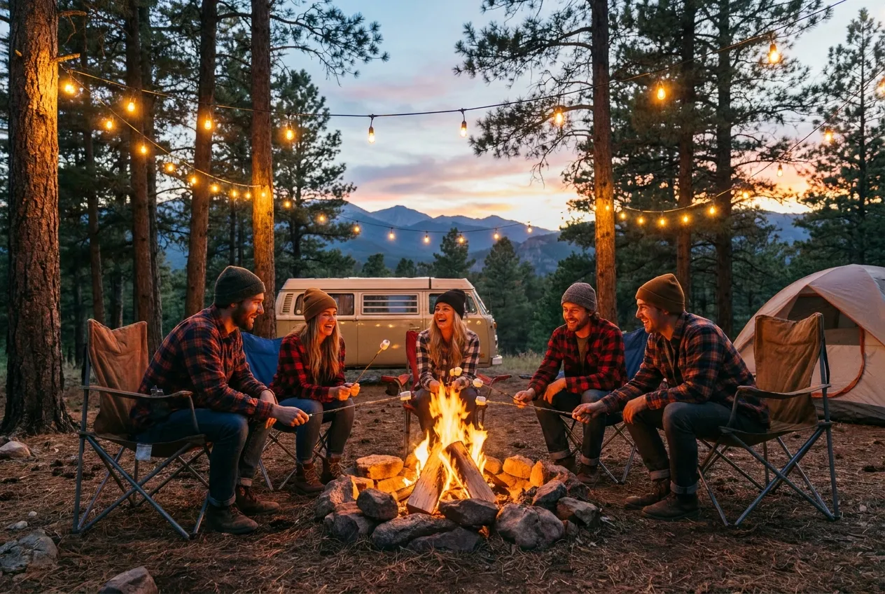 A campfire with string lights at dusk