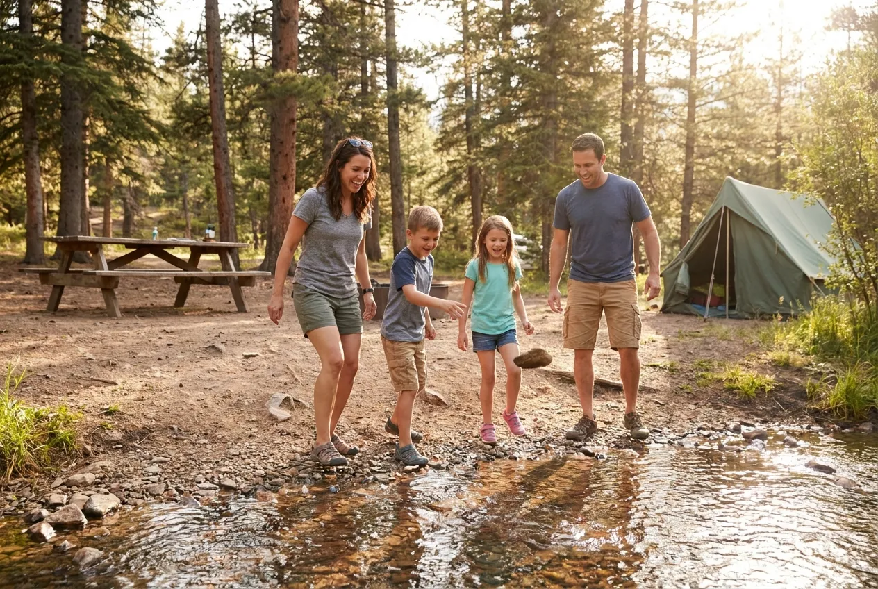 A family playing at the creek