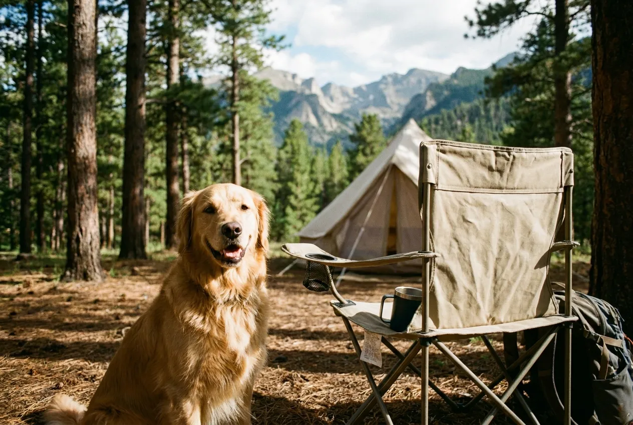 A dog at a forest campsite