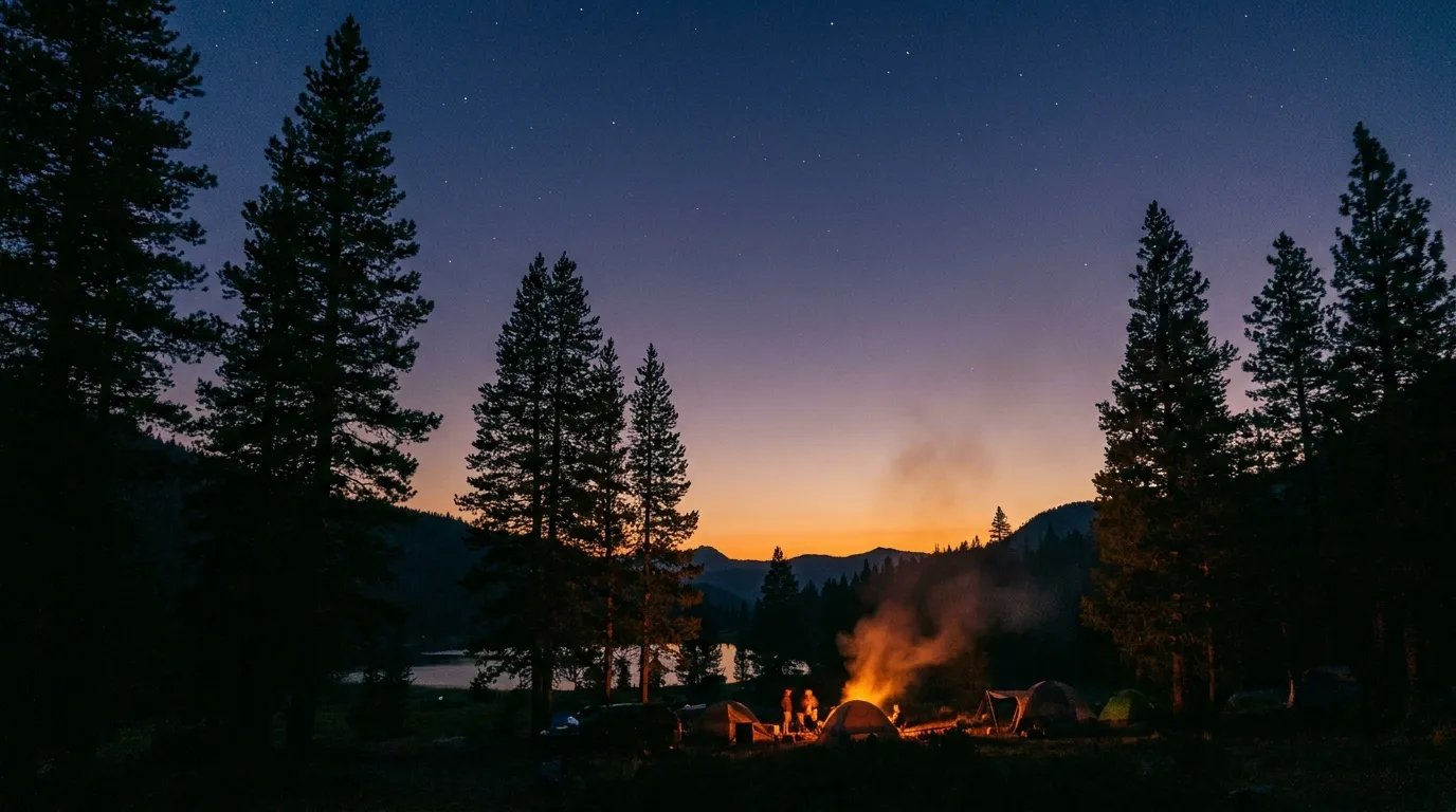 Tall pines silhouetted against a starry twilight sky