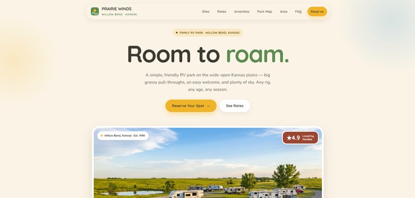 Open Meadow template — Prairie Winds RV Park home page